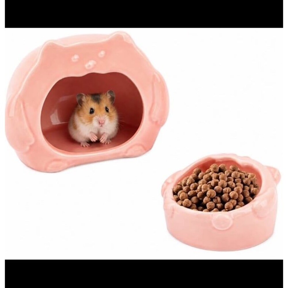 Ceramic Hamster Hideout & Food Bowl Set – Pink – New